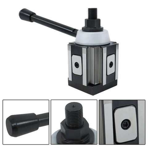 CXA Piston Type Tool Post For 13 To 18 Inch Swing Lathe, heavy-duty steel construction shown in detailed views.