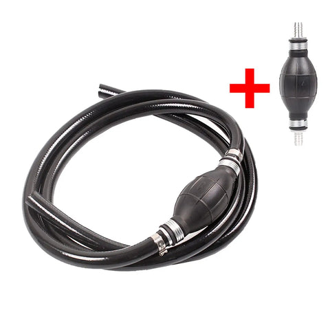3/8 Inch Nylon Braided Marine Fuel Hose Line With Primer Bulb, 6 Feet, Ethanol Compatible, Low Permeation Fuel Line Assembly With Stainless Clamps For Outboard Boats, RVs, Tractors And Caravans, shown with additional primer bulb attachment.