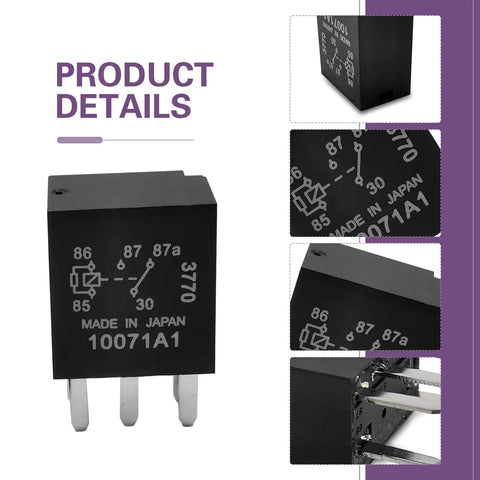 Hassle Free 2Pack Auto Fuel Pump Relays 12Volt 5Pin Direct Plug Power Switch 30Amp with detailed labeling and plug design.
