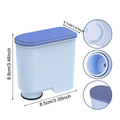 Barista Grade Coffee Machine Water Tank Filter Cartridge Softens Tap Water Pulls Chlorine For A Silky Smooth Cup That Actually Hits The Spot Compatible With Nearly Every Brewer, blue and white, dimensions shown.