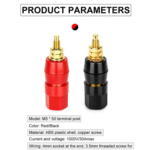 Dead Simple Plug And Play Speaker Binding Posts, M5 By 50mm Pure Copper Audio Terminals in red and black, showing dual banana ports.