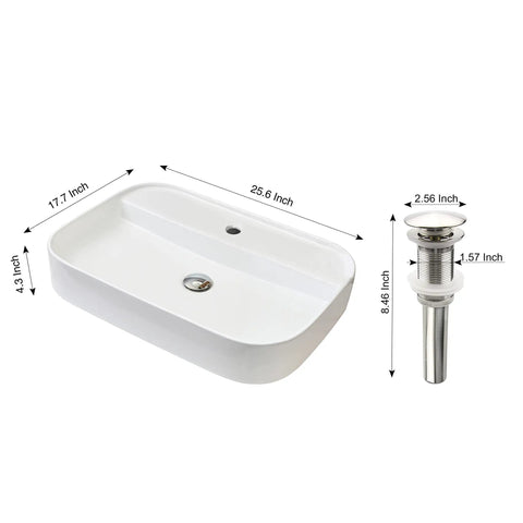 Dope 25.6 Inch Rectangle Vessel Sink With Pop Up Drain For Above Counter Installation In White Porcelain Ceramic Vanity Basin With A Sleek Modern Look Durable Wash Basin Easy Install And Maintenance
