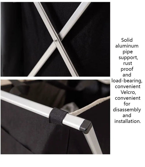 Close-up of foldable Two Section Laundry Basket with stable aluminum x-frame and durable oxford cloth, focus on frame joints.