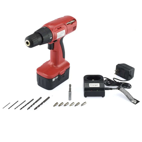 Heavy Duty 18V Cordless Drill Packing Kickass Torque And A Smooth 600 Rpm Reversible Motor For Zero Hassle All Purpose DIY Home Improvements And Shop Repairs with charger and bits.