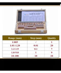 47 Piece High Precision Gauge Block Set 1 To 100mm Range inside a wooden case with calibration chart visible