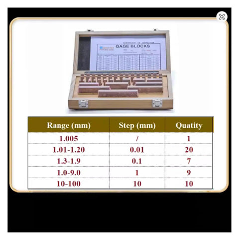 47 Piece High Precision Gauge Block Set 1 To 100mm Range inside a wooden case with calibration chart visible