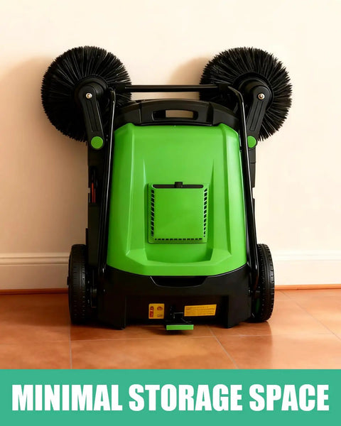 Heavy Duty 43 Inch Walk Behind Floor Sweeper Manual Push Broom For Warehouse And Shop Floors With A Beefy 15 Gallon Hopper with compact storage design.