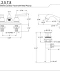 Technical diagram of Royale 4 Inch Centerset Bathroom Faucet Polished Brass Deck Mounted 3 Hole Installation in side and top views.