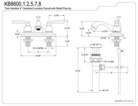 Technical diagram of Royale 4 Inch Centerset Bathroom Faucet Polished Brass Deck Mounted 3 Hole Installation in side and top views.