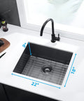 Drop In Kitchen Sink Single Bowl Workstation Stainless Steel 16 Gauge Black With Sink Strainer Waste Basket And Bottom Grid 22 X 18 X 9 Undermount Design Noise Reduction 304 Series