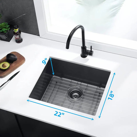 Drop In Kitchen Sink Single Bowl Workstation Stainless Steel 16 Gauge Black With Sink Strainer Waste Basket And Bottom Grid 22 X 18 X 9 Undermount Design Noise Reduction 304 Series