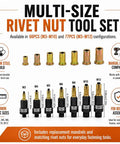 Workhorse Carbon Steel Rivet Nut Tool Set With Mandrels And Nuts, M3 To M10 66 Piece Kit Or M3 To M12 77 Piece Kit, Ideal For Installation, Fastening, Maintenance And Repair Projects. Multi-size carbon steel rivet nut tool set with M3 to M12 mandrels and nuts