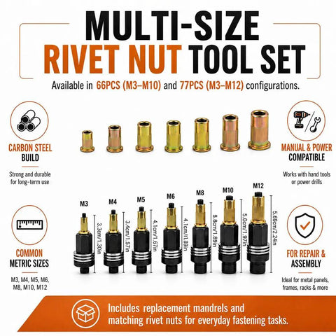Workhorse Carbon Steel Rivet Nut Tool Set With Mandrels And Nuts, M3 To M10 66 Piece Kit Or M3 To M12 77 Piece Kit, Ideal For Installation, Fastening, Maintenance And Repair Projects. Multi-size carbon steel rivet nut tool set with M3 to M12 mandrels and nuts