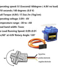 Front view of blue SG90 9g micro servo motor with white horn and orange connector wire.