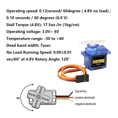 Front view of blue SG90 9g micro servo motor with white horn and orange connector wire.