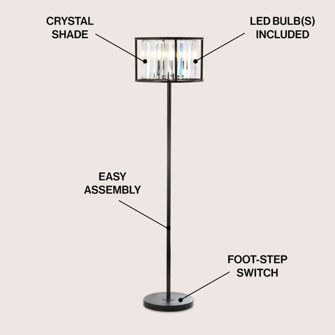 Oil Rubbed Bronze 63-Inch 3-Light Floor Lamp With Metal Frame And Crystal Accents, Glam Contemporary Standing Light, LED Bulbs