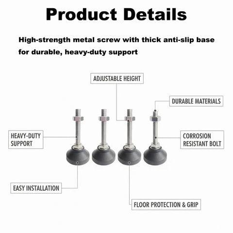 Heavy Duty M6 Furniture Leveling Feet Squash The Wobbles Off Tables Cabinets And Workbenches Quick With Swivel Nylon Bases and Sturdy Steel Bolts with adjustable height.