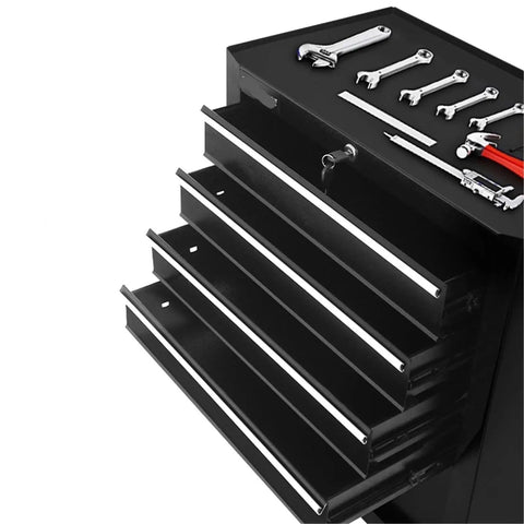 Heavy Duty Rolling Tool Chest With Seven Deep Drawers For Mobile Auto Repair showing locking mechanism and open drawers.