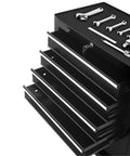 Heavy Duty Seven Drawer Rolling Tool Chest With Massive Garage Storage Cabinet showing open drawers and tools organized on top.