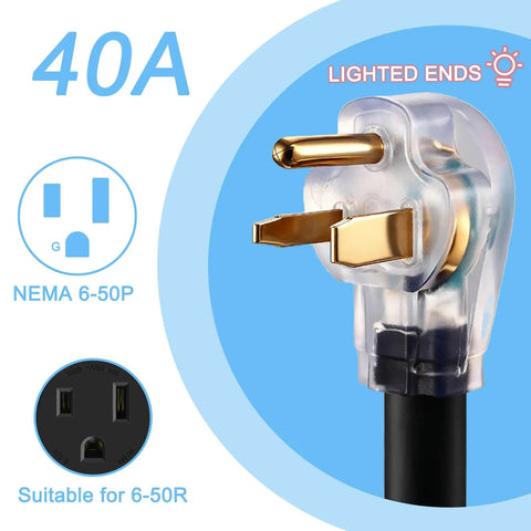 40A lighted plug end of Heavy Duty 250V Welder Extension Cord 40 Ft with NEMA 6-50 STW 8AWG 3C Lighted End ETL Listed