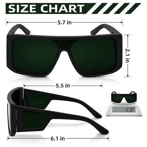 IR 5.0 Welding Glasses 2 Pack With ANSI Z87.1 Impact Resistant Lenses size chart showing dimensions and weight