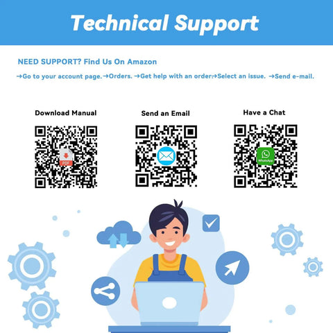 Technical support page with QR codes for manual download, email, chat, and illustration of a person with laptop.