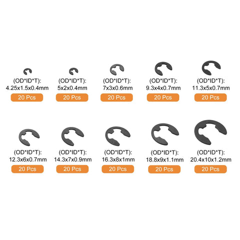 200 Pcs E Clip Circlip External Retaining Rings Kit With Ten Sizes M1 5 To M10 In 65Mn Carbon Steel Snap Rings variety displayed.