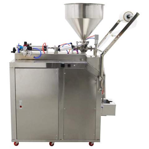 Side view of Automatic Quantitative Filling Machine For Paste Liquid And Granule Packaging With Built In Bag Maker And Tight Seal Design 10 To 100 Ml Capacity Smooth Operator Zero Fuss Packager 110v.