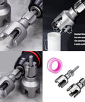 Heavy Duty Pipe Threading Tool Kit For 1/2 And 3/4 Inch Pipes Internal And External Rethreading Electric Drill Compatible Pro Grade Carbon Steel Repair Tool For Accurate Thread Restoration shown in use and components displayed