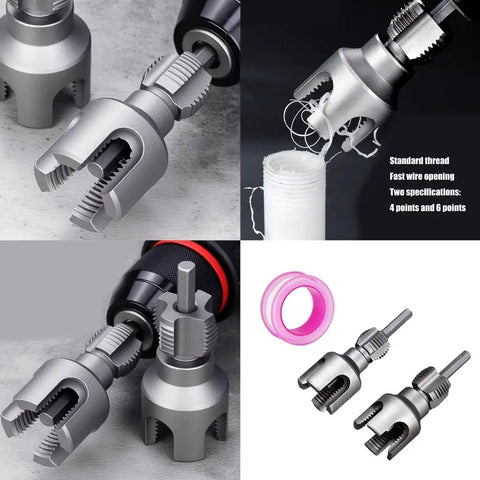 Heavy Duty Pipe Threading Tool Kit For 1/2 And 3/4 Inch Pipes Internal And External Rethreading Electric Drill Compatible Pro Grade Carbon Steel Repair Tool For Accurate Thread Restoration shown in use and components displayed