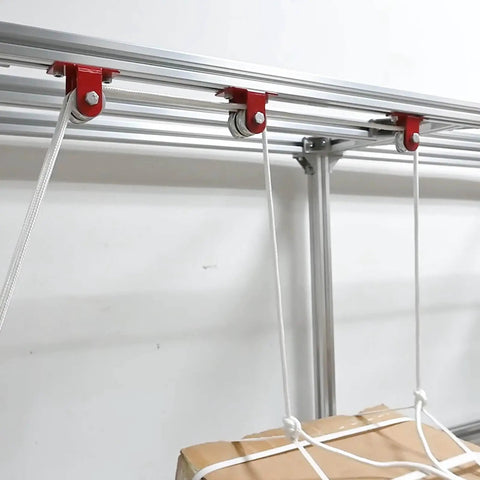 Heavy Duty Beefy Double Pulley Hoist System With 65 Feet Nylon Rope Ball Bearing Steel Pulleys Smooth Quiet Lift mounted on ceiling rail with rope