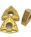 Heavy Duty 10 Pcs Carbide Turning Inserts Wnmg080408 for External Turning Lathe showing triangular gold carbide cutting tools.