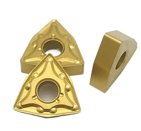 Heavy Duty 10 Pcs Carbide Turning Inserts Wnmg080408 for External Turning Lathe showing triangular gold carbide cutting tools.