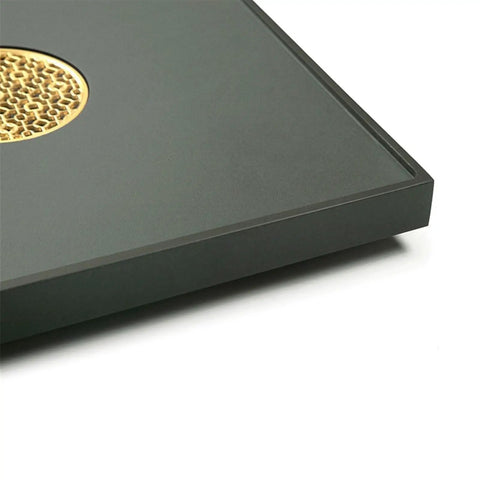 Close-up of Top Shelf Green Slate Tea Tray With Integrated Drainage, showcasing its square design and drainage feature.