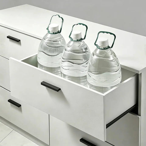 Heavy Duty Bottom Mount Drawer Runners 1 Pair 2 Section Extended Glide storing three water bottles in a white drawer.