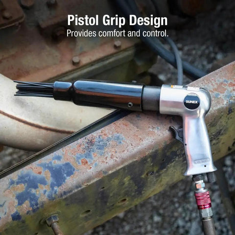 Beast Pistol Grip Needle Scaler With 19 Hardened Steel Needles, shown on rustic metal surface; pistol grip design emphasizes comfort.