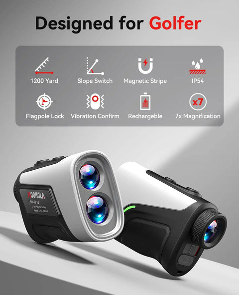Golf Range Finder With Slope, Flag Lock And 1200 Yard Range, 7X Magnification, IP54 Water Resistant, design for golfers, dual view