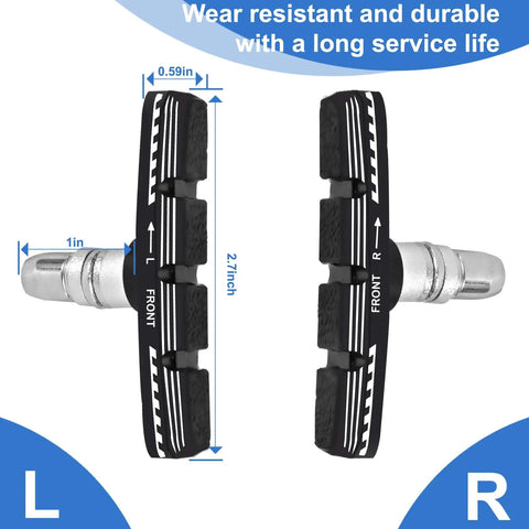 70mm Universal V Brake Pads Set For Mountain And Road Bikes, front and rear view with measurements, wear resistant material
