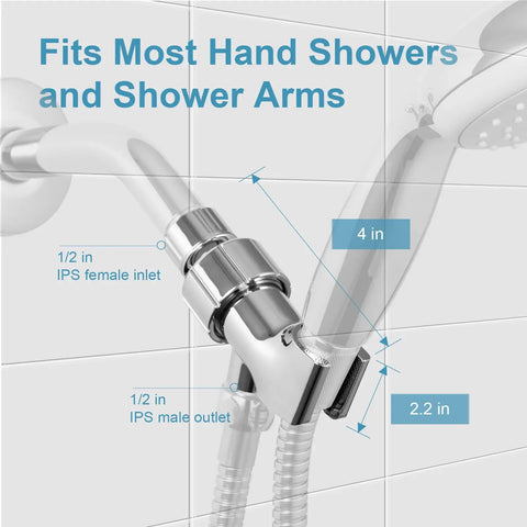 Adjustable Shower Arm Mount for Handheld Shower Head with brass ball joint, chrome finish, showing IPS inlet and outlet dimensions.