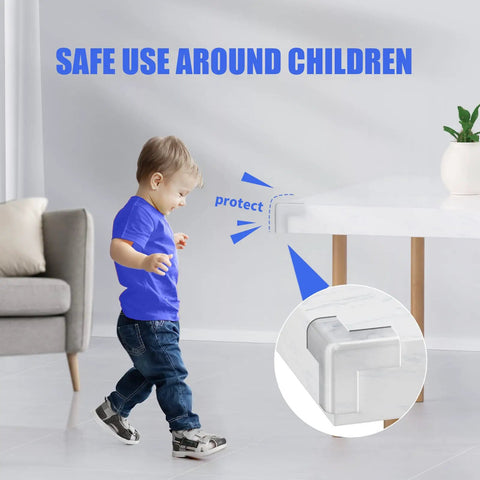 Clear Baby Proofing Corner Shields For Cozy Home Spaces Comes With Eight Rock Solid Transparent Table Edge Bumpers That Grip Tight To Keep Toddlers Totally Secure Around Rough Wooden Furniture Corners, shown protecting a table corner.