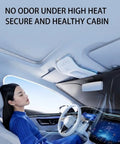 Kick Summer Heat To The Curb With This Sick Reflective Laser Windshield Sun Shade For Tesla Cybertruck Plus Cyberbeast 2023 Through 2026 Featuring A Foldable Durable Cover That Blocks Harsh Sunlight And Keeps Your Ride Ice Cold, showing interior with woman relaxing in blue outfit.