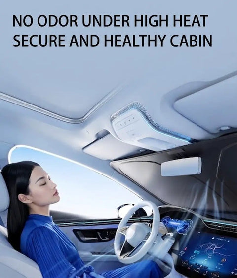 Kick Summer Heat To The Curb With This Sick Reflective Laser Windshield Sun Shade For Tesla Cybertruck Plus Cyberbeast 2023 Through 2026 Featuring A Foldable Durable Cover That Blocks Harsh Sunlight And Keeps Your Ride Ice Cold, showing interior with woman relaxing in blue outfit.