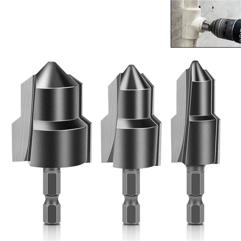 Heavy Duty Tungsten Carbide Step Drill Set For Ppr And Tpr Pipe Rupture Repair With Chamfer Bracket Plus Pagoda Bit 3 Piece Kit Fits Hand Drills Like A Champ, three bits