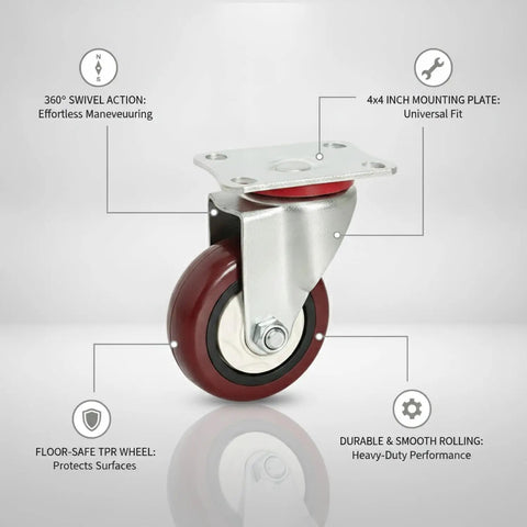 Built Tough Swivel Plate Caster With 2.5 Inch Tpr Wheel And 4X4 Inch Steel Mounting Base showing 360° swivel action and floor-safe design.