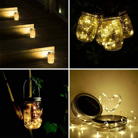 8 Pack Solar Mason Jar Lid Lights With 20 LED, Waterproof Fairy String Lights on stairs, in jar cluster, hanging on branch, with lids