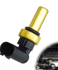 Coolant temperature sensor with brass body and black plastic connector; close-up view