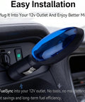 Gas Saver Plug And Play For Car And Truck Portable Fuel Economy Device plugged into car's 12V outlet, blue color