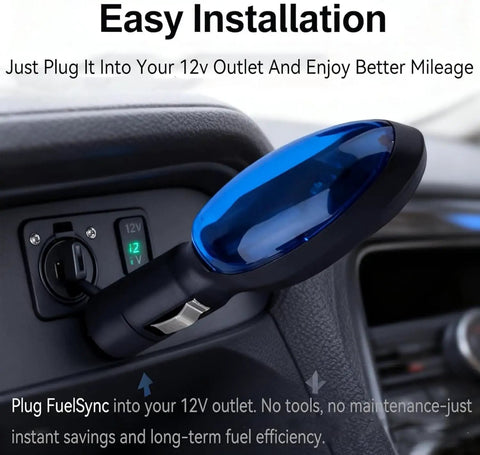 Gas Saver Plug And Play For Car And Truck Portable Fuel Economy Device plugged into car's 12V outlet, blue color