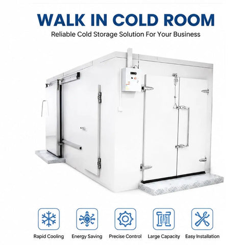 Heavy Duty Industrial Walk In Freezer Cold Room With Energy Efficient Blast Cooling System Built Like A Tank For High Volume Food Processing And Warehousing No Fuss Operation, exterior view with doors.