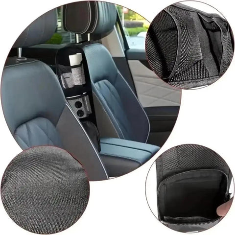 Game Changer Car Seat Side Organizer For Tesla Cybertruck With Dual Mesh Slots And A Secure Zipper Pocket showcasing storage for drinks and essentials.